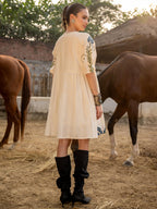 Off White Cotton Embroidered Empire Short Dress with Puff Sleeves