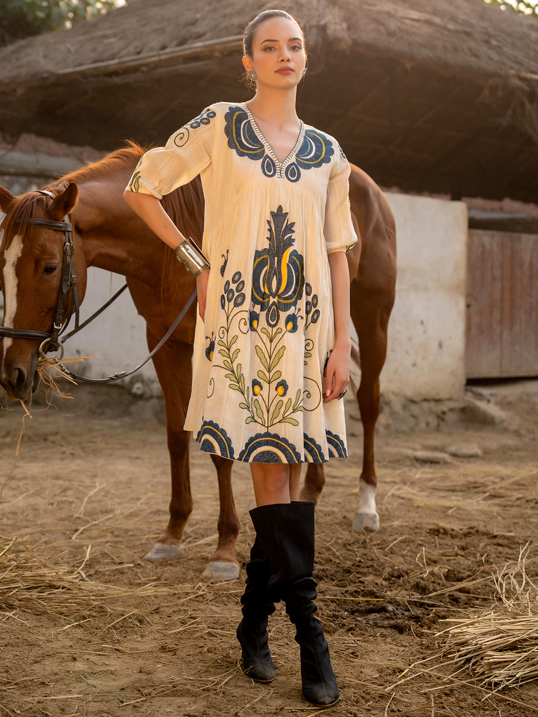 Zummer Off White Cotton Embroidered Empire Short Dress with Puff Sleeves