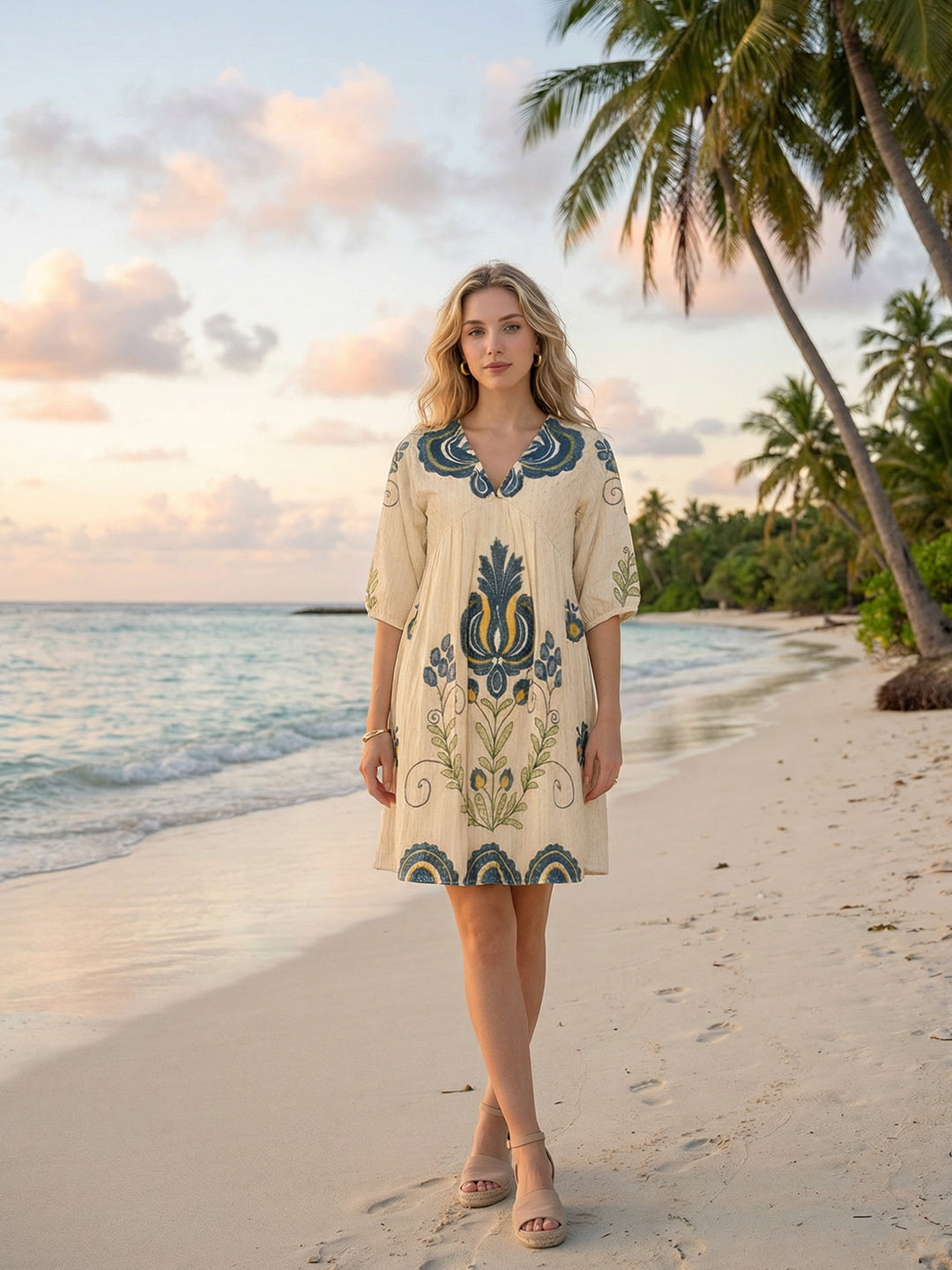 Off White Cotton Embroidered Empire Short Dress with Puff Sleeves