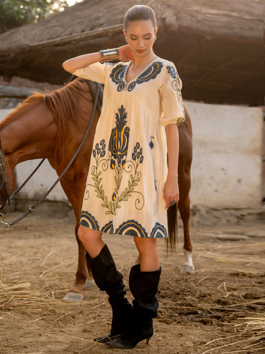 Zummer Off White Cotton Embroidered Empire Short Dress with Puff Sleeves