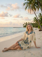Off White Cotton Embroidered Empire Short Dress with Puff Sleeves
