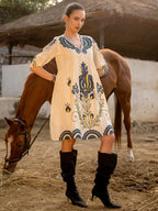 Off White Cotton Embroidered Empire Short Dress with Puff Sleeves