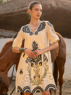 Off White Cotton Embroidered Empire Short Dress with Puff Sleeves