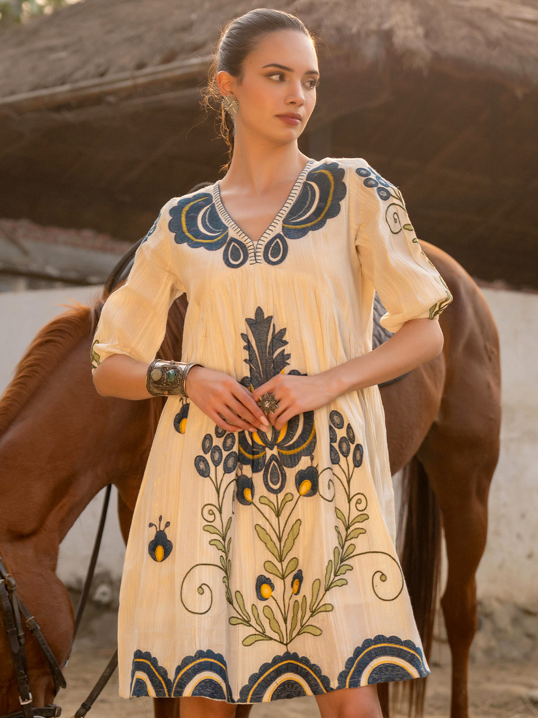 Zummer Off White Cotton Embroidered Empire Short Dress with Puff Sleeves