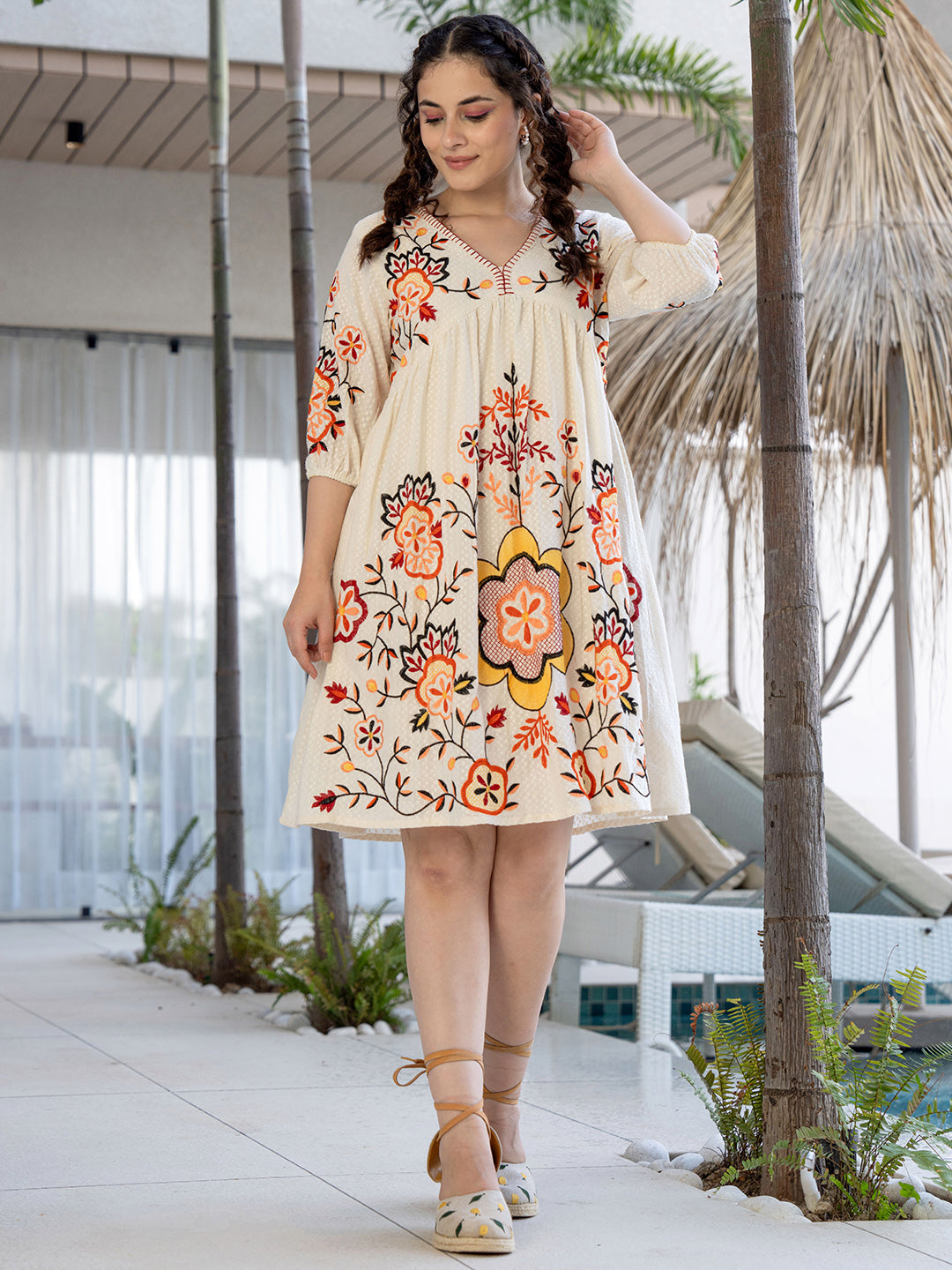 Zummer Off White Cotton Embroidered Empire Short Dress with Puff Sleeves