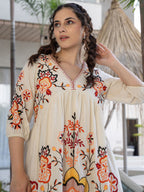 Off White Cotton Embroidered Empire Short Dress with Puff Sleeves