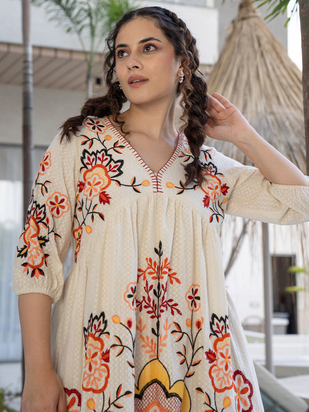 Zummer Off White Cotton Embroidered Empire Short Dress with Puff Sleeves