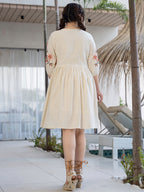 Off White Cotton Embroidered Empire Short Dress with Puff Sleeves
