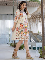 Off White Cotton Embroidered Empire Short Dress with Puff Sleeves