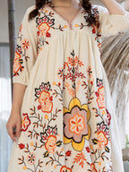 Off White Cotton Embroidered Empire Short Dress with Puff Sleeves