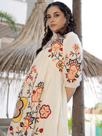 Off White Cotton Embroidered Empire Short Dress with Puff Sleeves