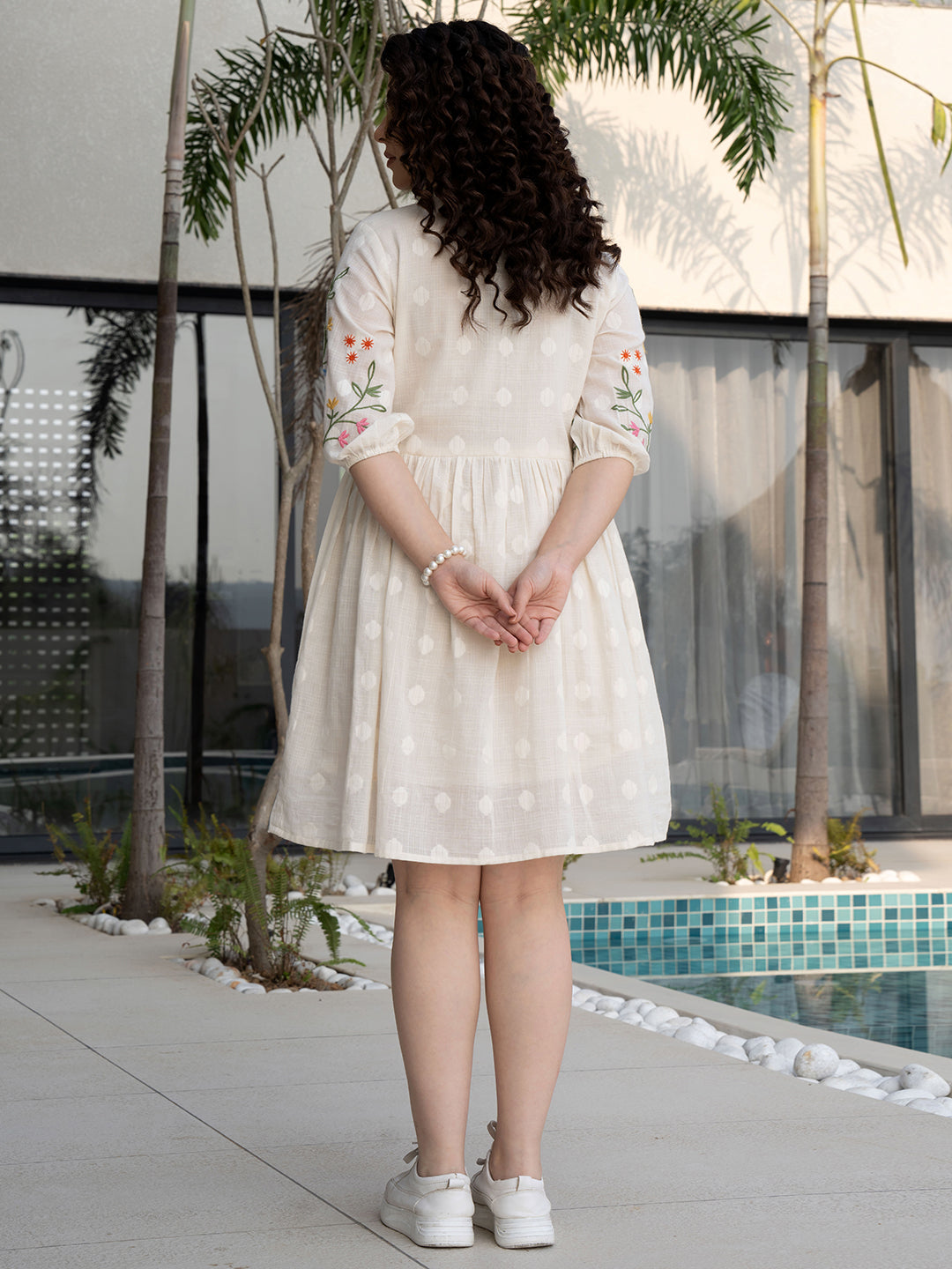 Off White Cotton Embroidered Empire Short Dress with Puff Sleeves