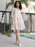 Off White Cotton Embroidered Empire Short Dress with Puff Sleeves