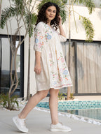 Off White Cotton Embroidered Empire Short Dress with Puff Sleeves