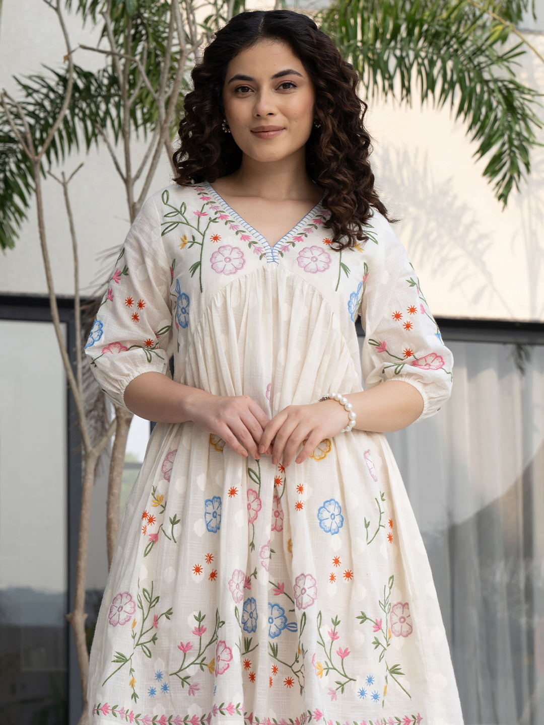 Zummer Off White Cotton Embroidered Empire Short Dress with Puff Sleeves