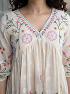 Off White Cotton Embroidered Empire Short Dress with Puff Sleeves