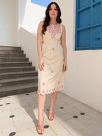 Off White Cotton Embroidered Sheath Dress with No Sleeves