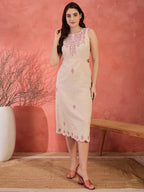 Off White Cotton Embroidered Sheath Dress with No Sleeves