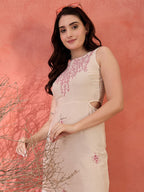 Off White Cotton Embroidered Sheath Dress with No Sleeves