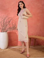 Off White Cotton Embroidered Sheath Dress with No Sleeves