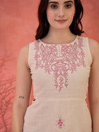 Off White Cotton Embroidered Sheath Dress with No Sleeves