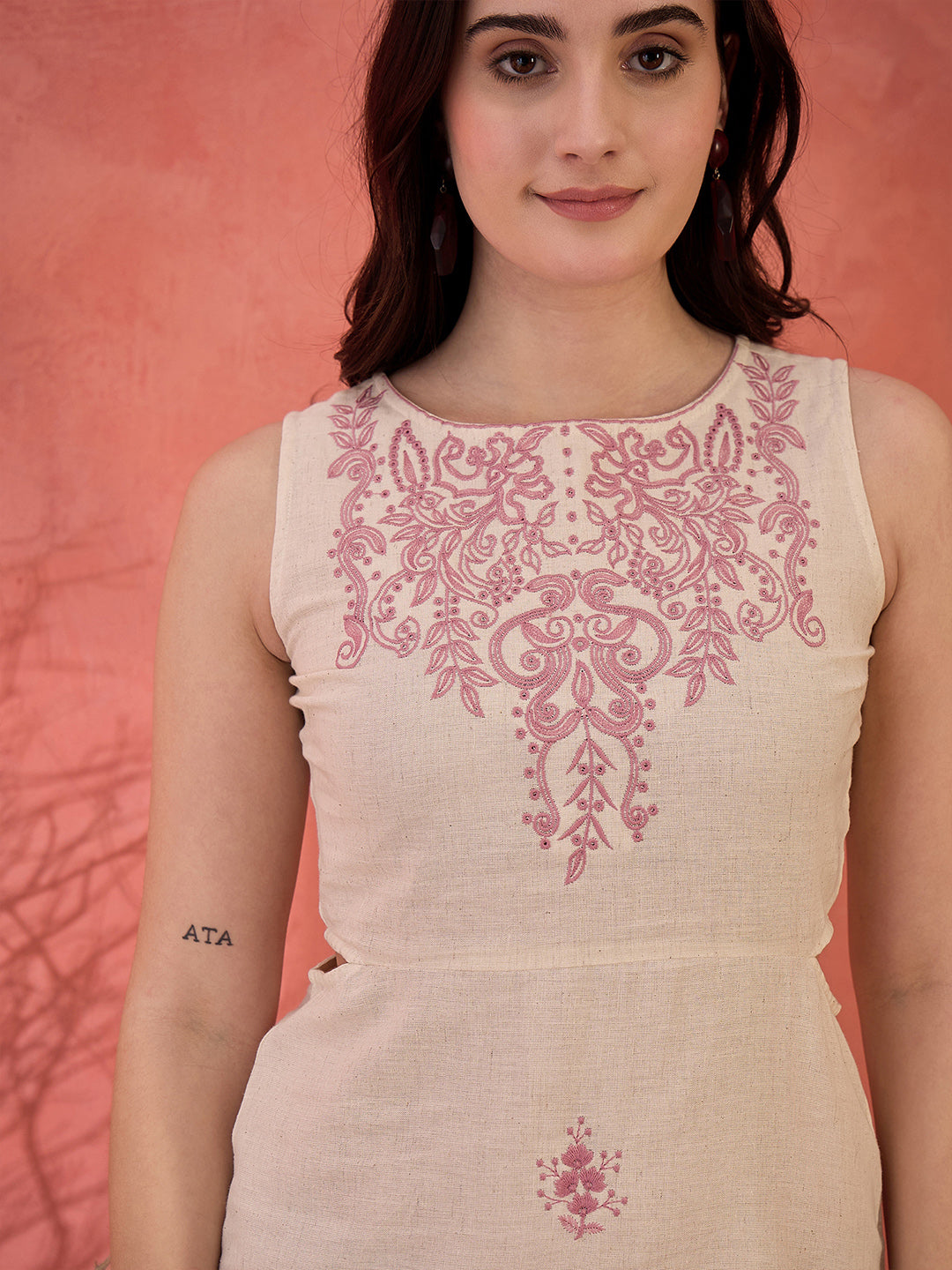 Off White Cotton Embroidered Sheath Dress with No Sleeves