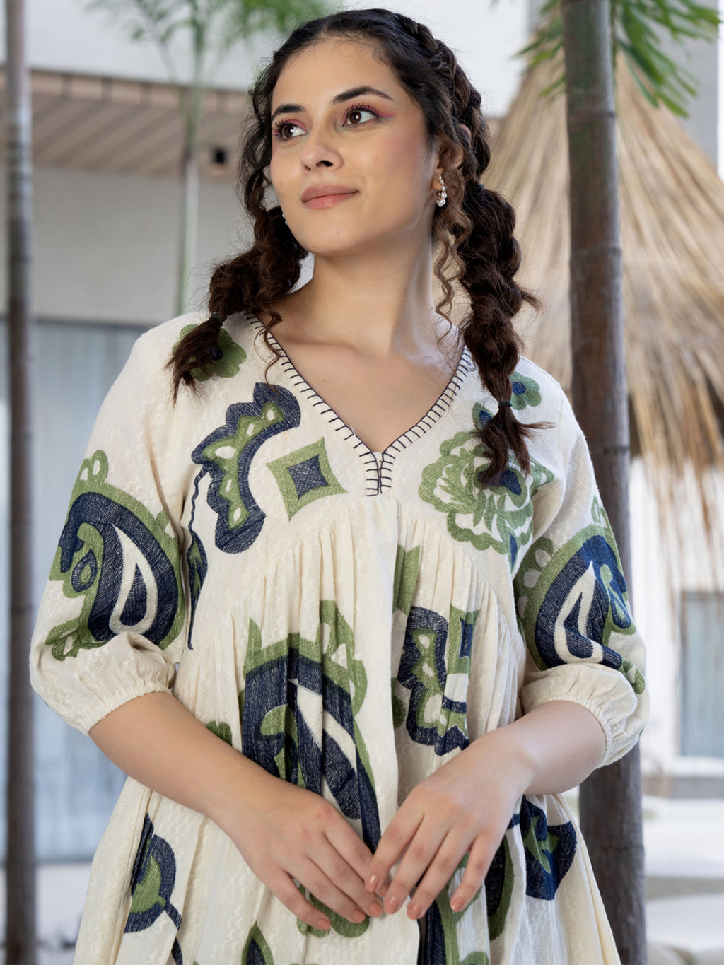 Cotton Off White Embroidered  Puff Sleeve Short Dress