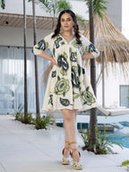 Cotton Off White Embroidered  Puff Sleeve Short Dress