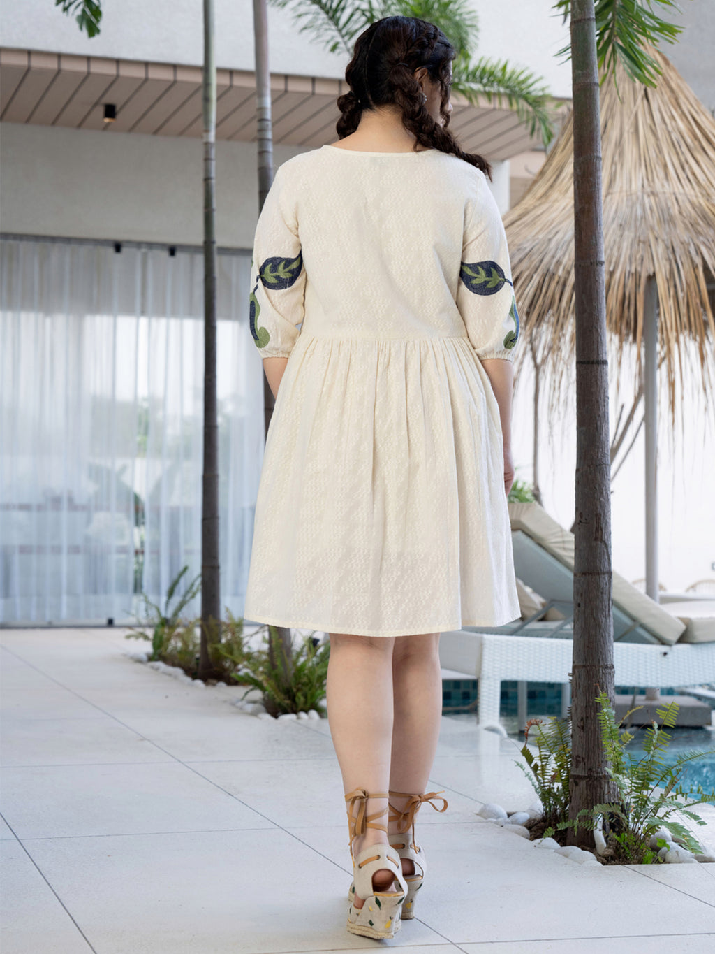 Cotton Off White Embroidered  Puff Sleeve Short Dress