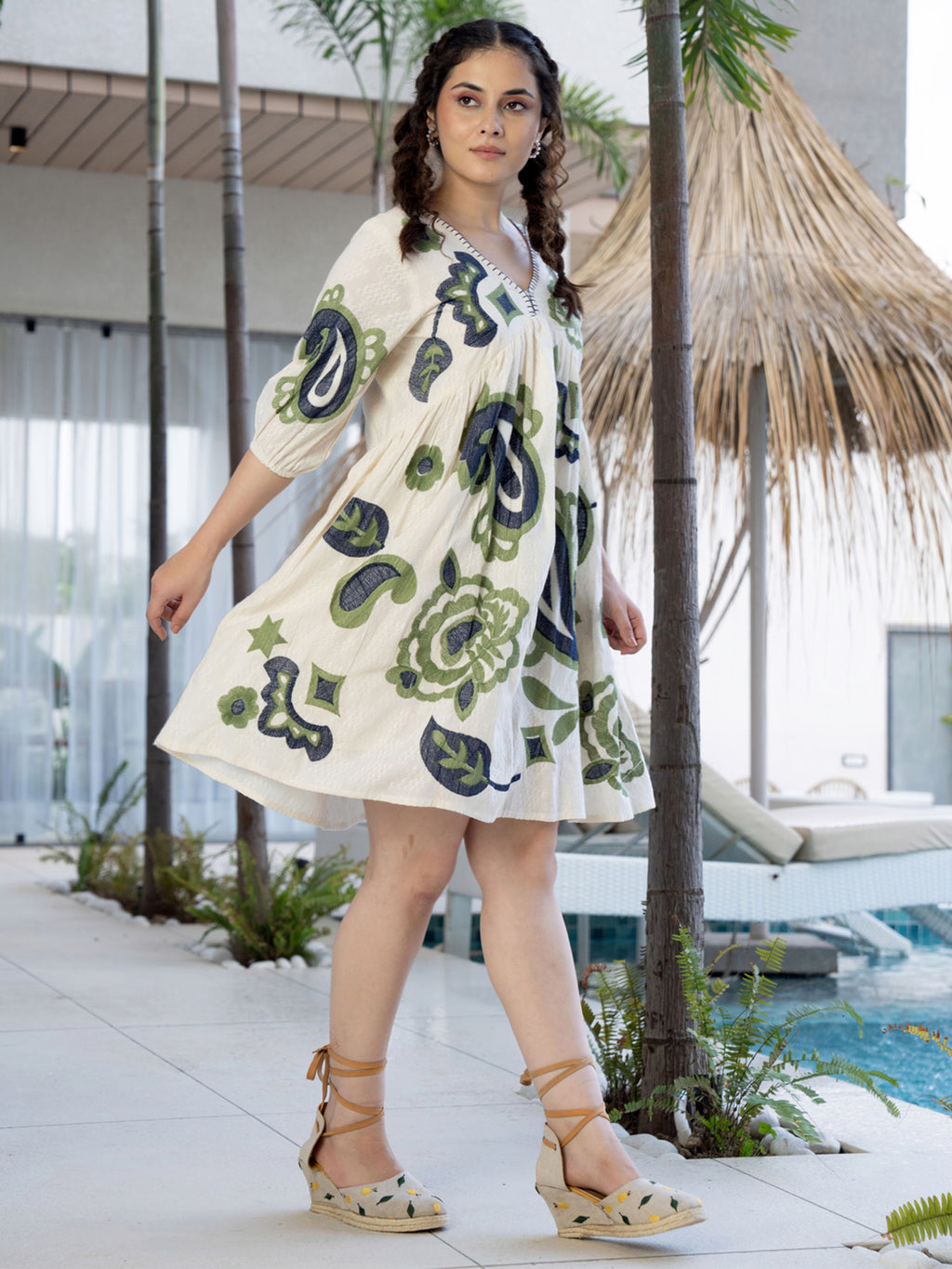 Cotton Off White Embroidered  Puff Sleeve Short Dress