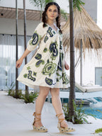 Cotton Off White Embroidered  Puff Sleeve Short Dress