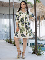 Cotton Off White Embroidered  Puff Sleeve Short Dress