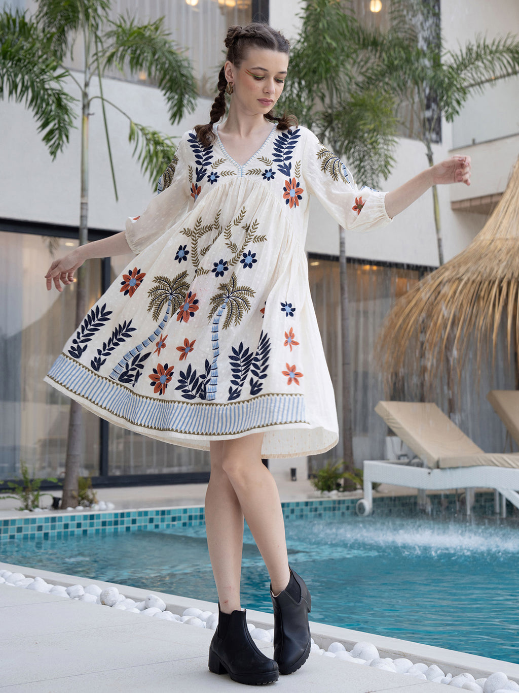 Cotton Tropical Embroidered Off White Dress