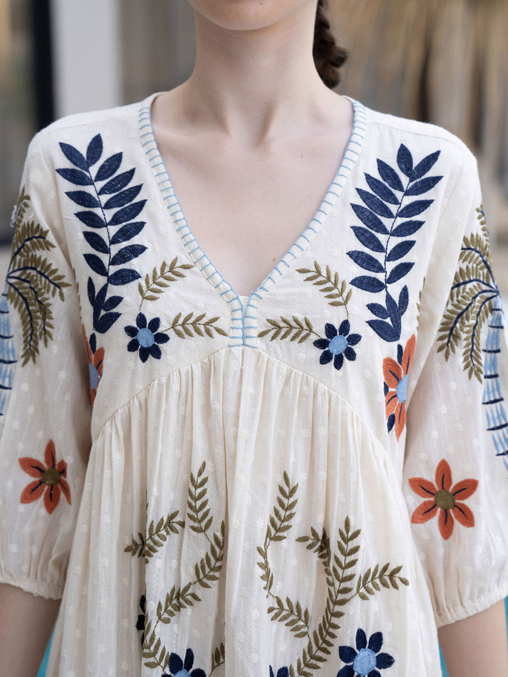Cotton Tropical Embroidered Off White Dress