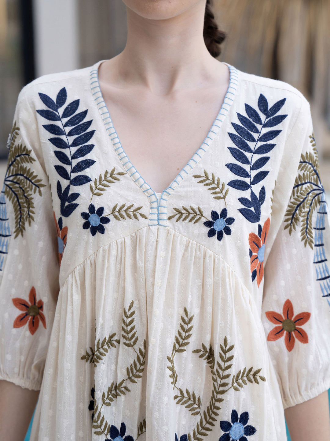 Cotton Tropical Embroidered Off White Dress