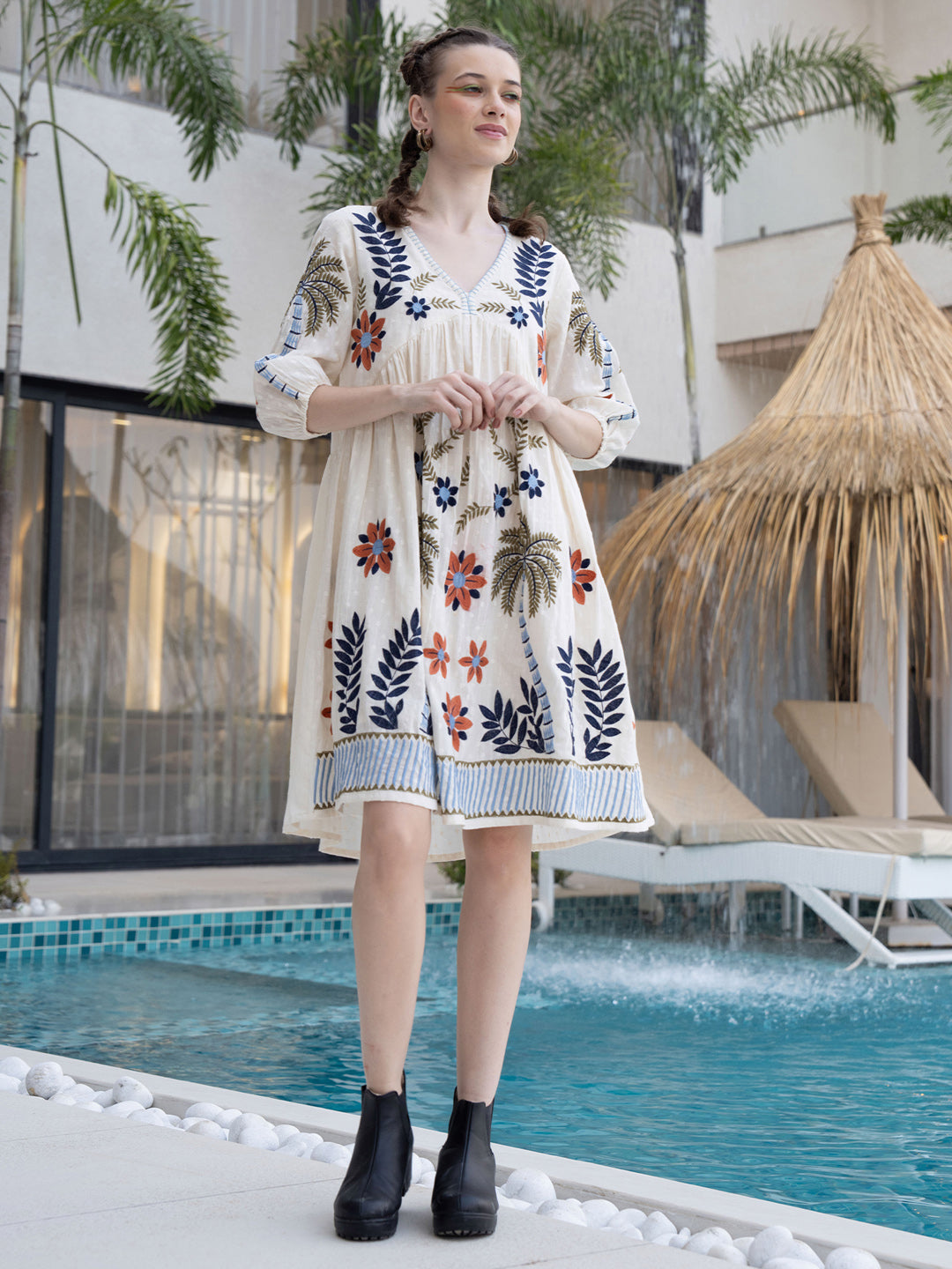 Cotton Tropical Embroidered Off White Dress