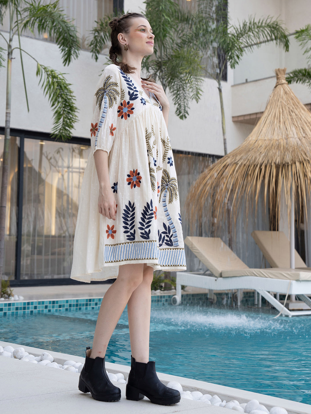 Cotton Tropical Embroidered Off White Dress
