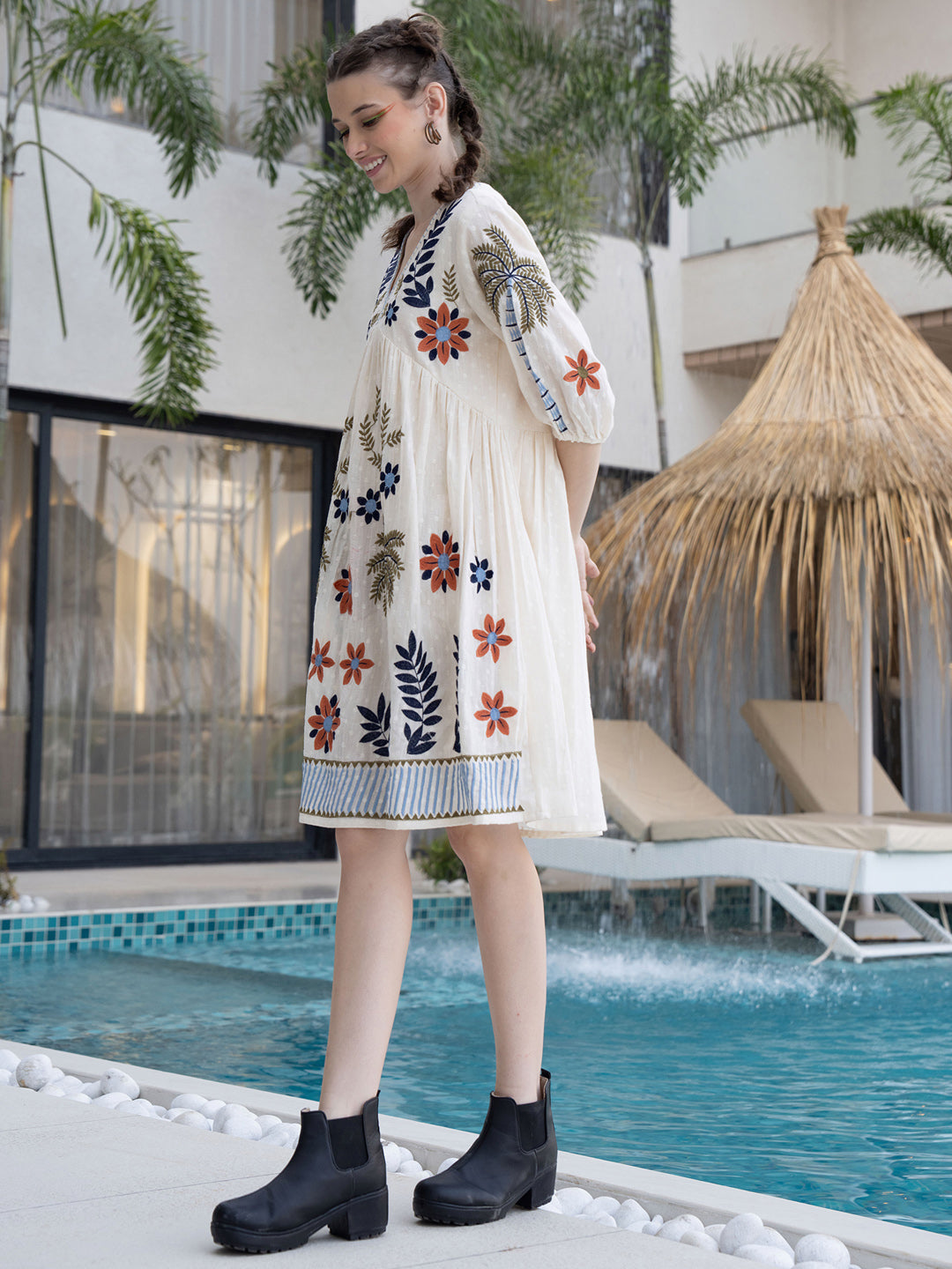Cotton Tropical Embroidered Off White Dress