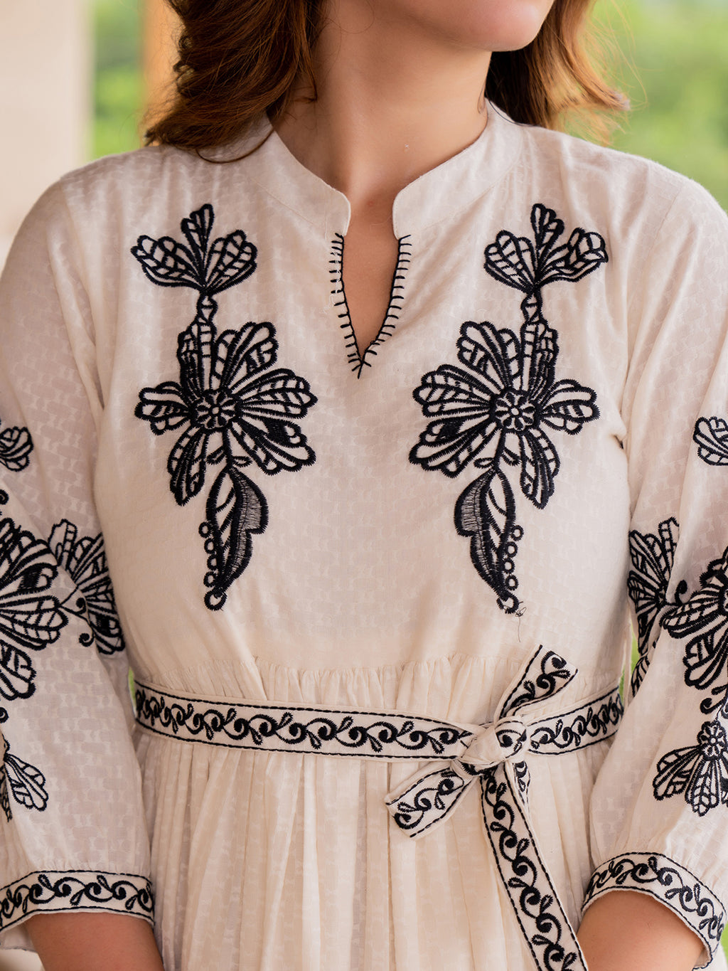 Cotton Floral Embroidered Puff Sleeve Empire Dress