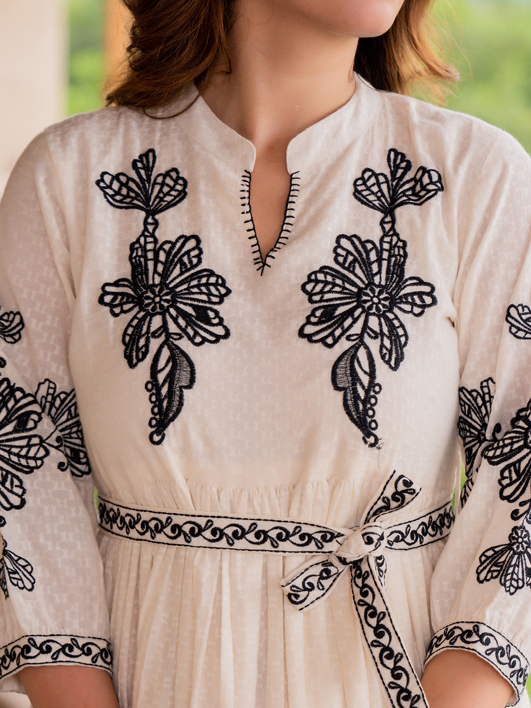Cotton Floral Embroidered Puff Sleeve Empire Dress