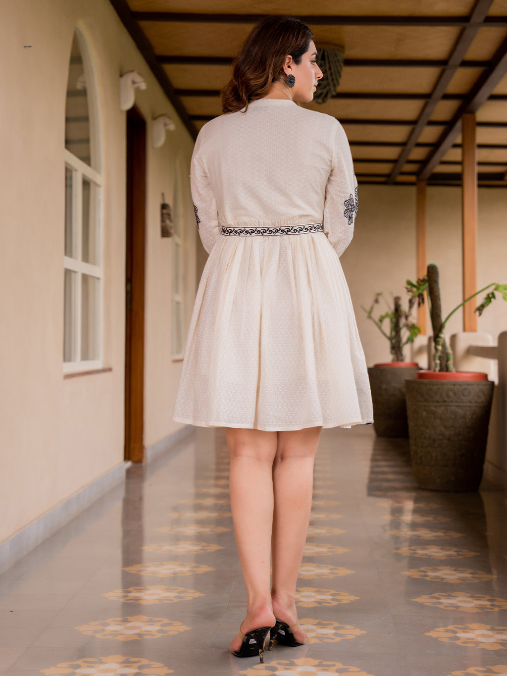 Cotton Floral Embroidered Puff Sleeve Empire Dress