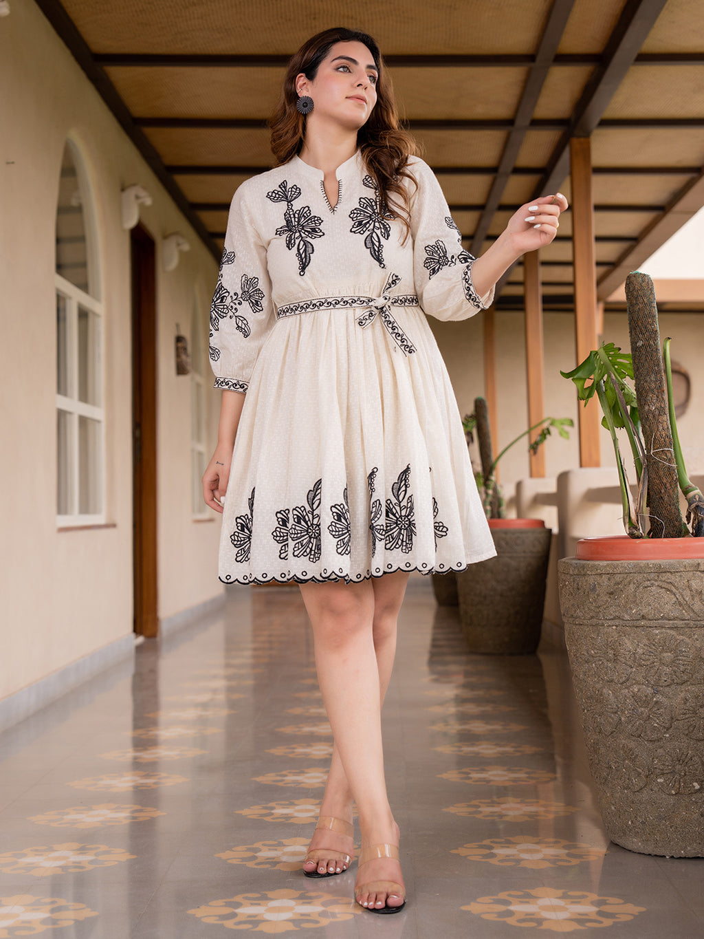 Cotton Floral Embroidered Puff Sleeve Empire Dress