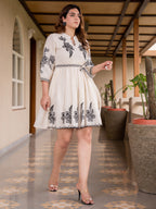 Cotton Floral Embroidered Puff Sleeve Empire Dress