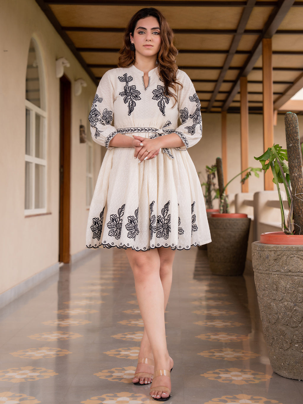 Cotton Floral Embroidered Puff Sleeve Empire Dress