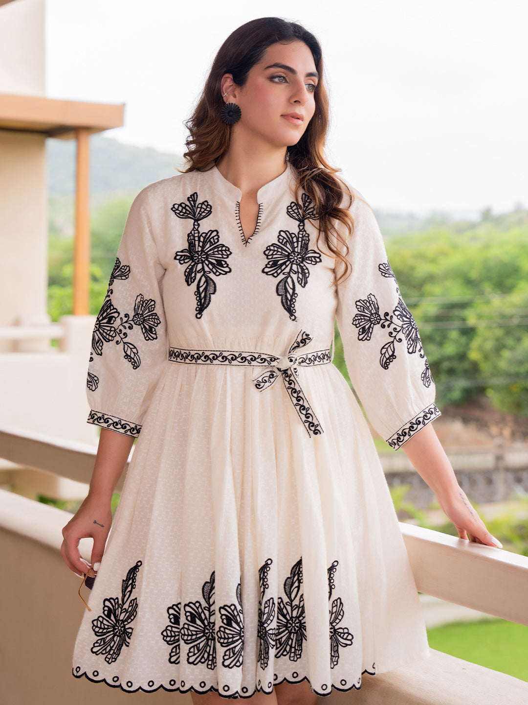 Cotton Floral Embroidered Puff Sleeve Empire Dress