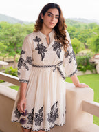 Cotton Floral Embroidered Puff Sleeve Empire Dress