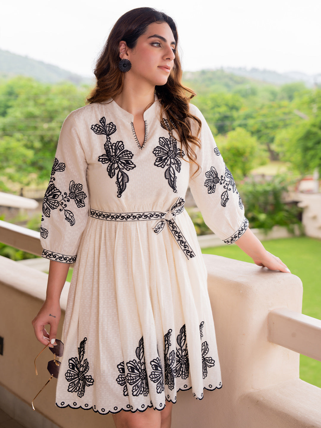 Cotton Floral Embroidered Puff Sleeve Empire Dress