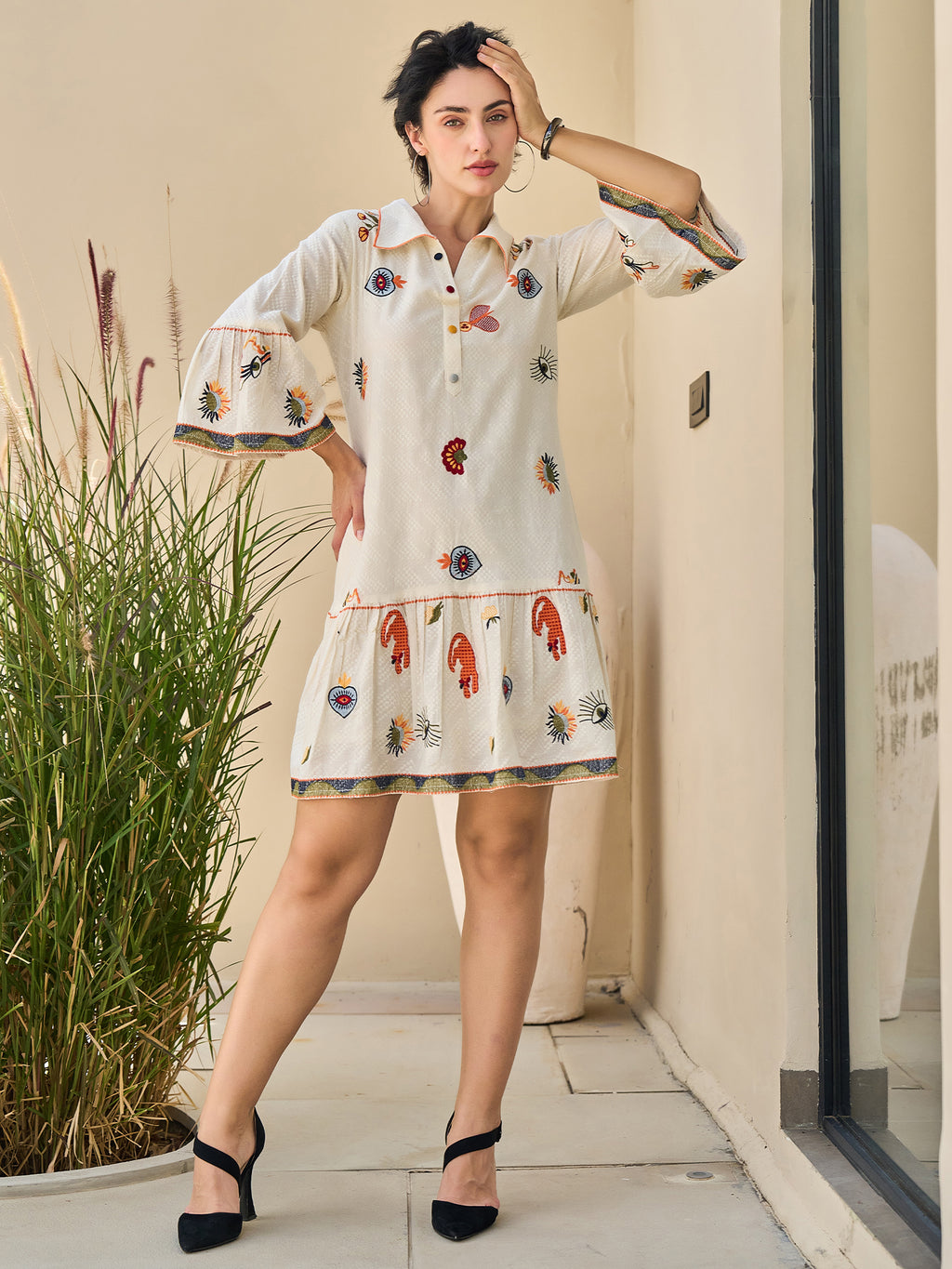 Cotton Floral Embroidered  Short Dress