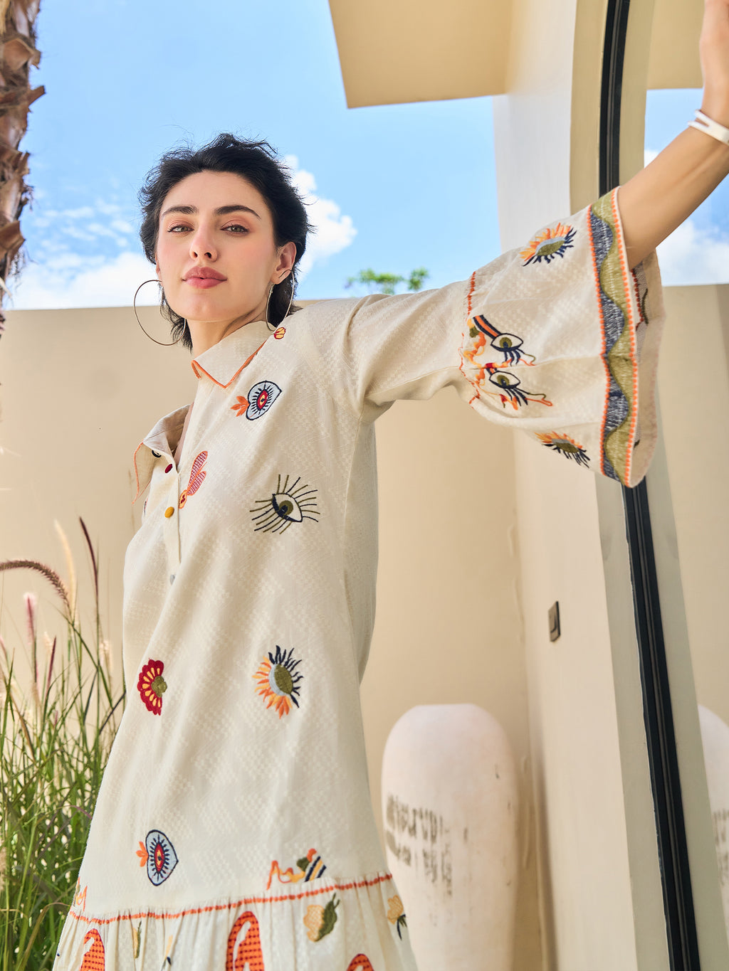 Cotton Floral Embroidered  Short Dress