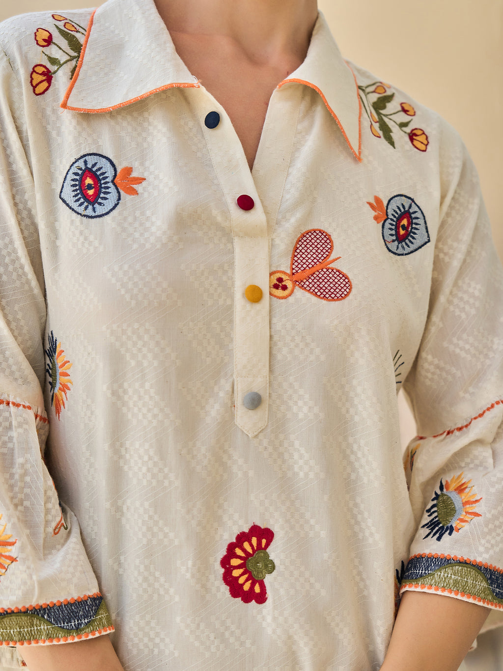 Cotton Floral Embroidered  Short Dress